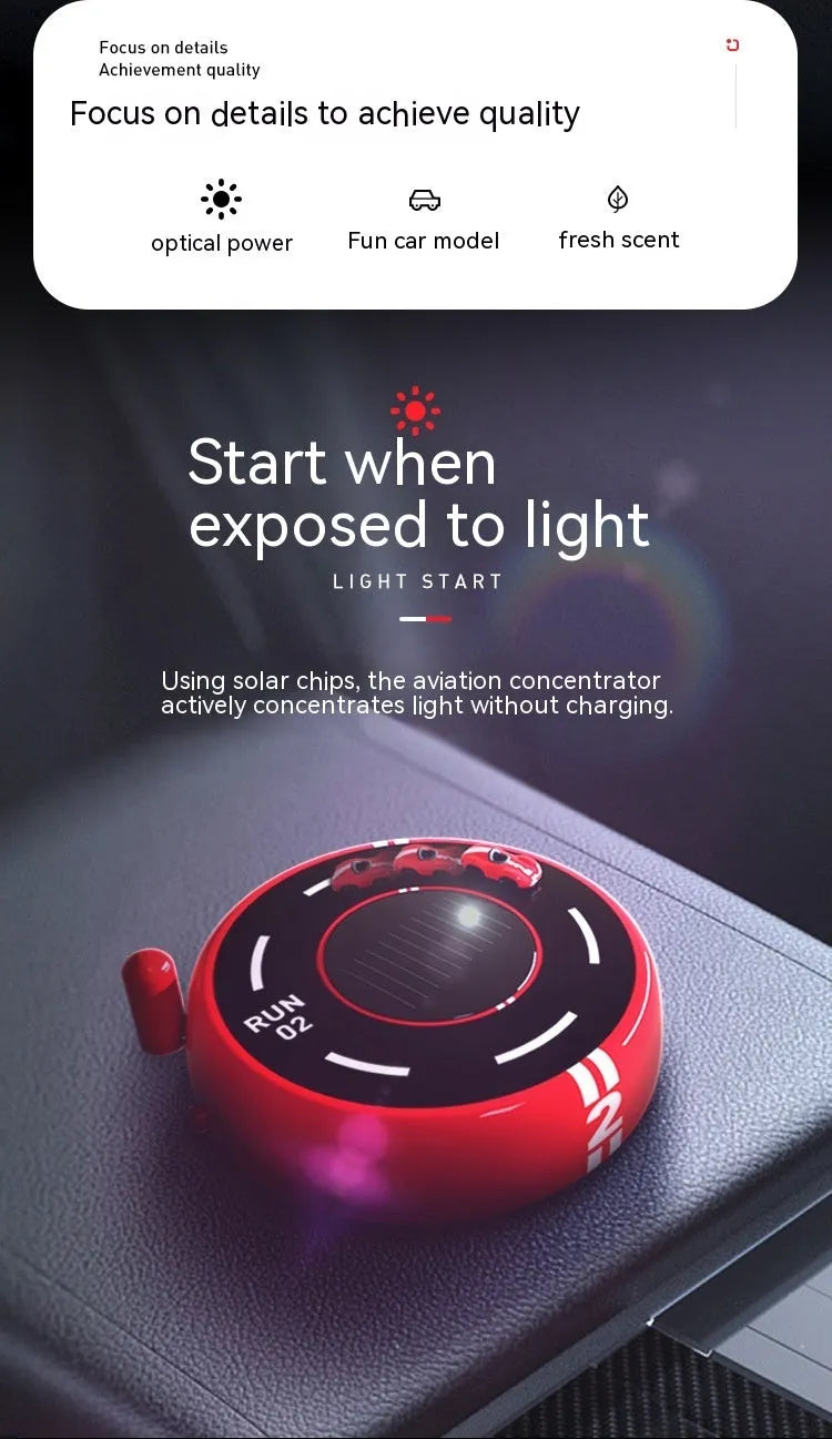 Round modern car model air freshener decoration in black, with solar panel and USB port.