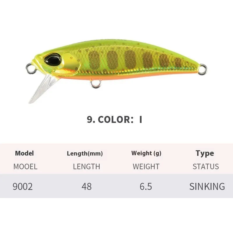 48mm submerged minnow fishing lure for mandarin fish and snakehead in multiple colour options