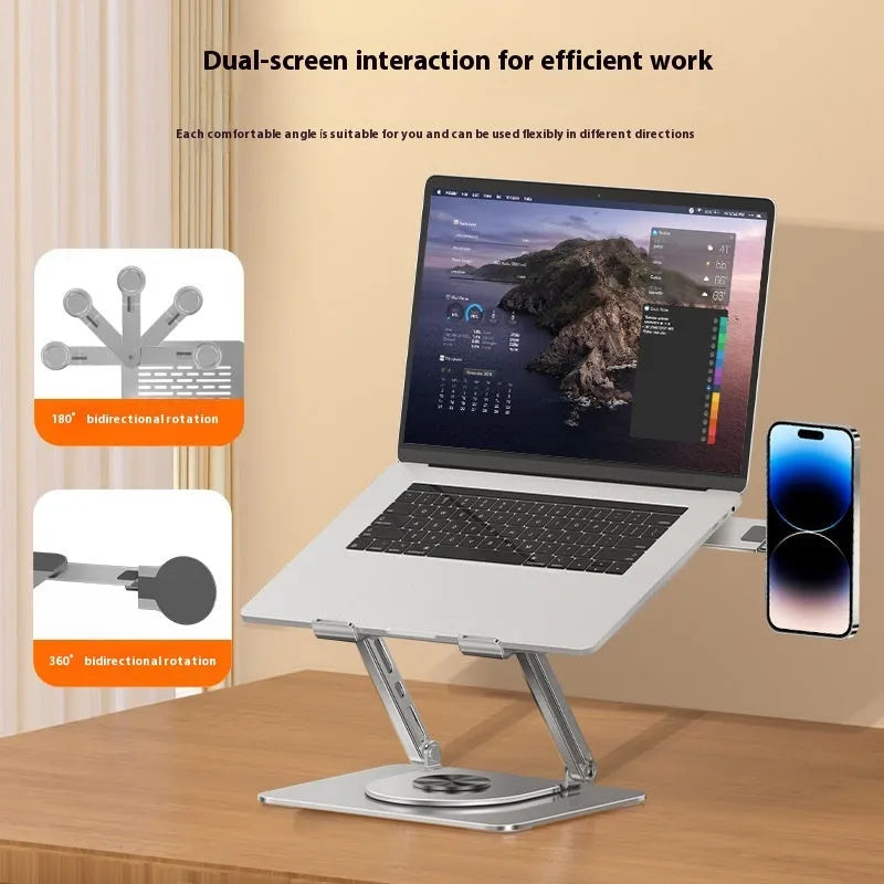 Silver carbon steel laptop stand with a rotating arm and magnetic mobile phone holder.