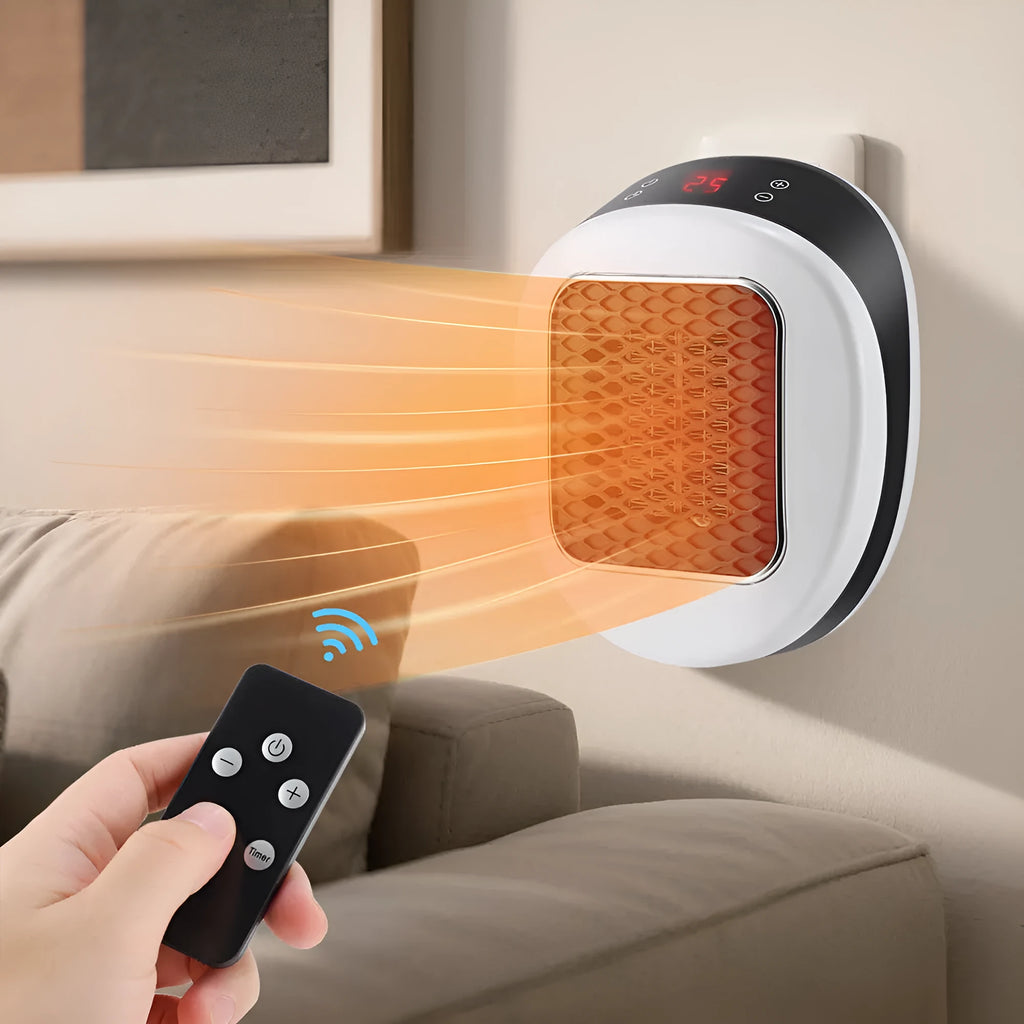 White ceramic portable electric heater with remote control on a table.