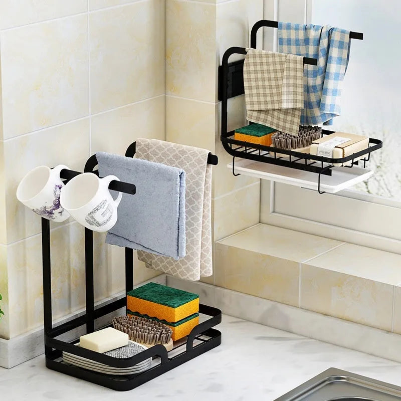 Foldable white plastic kitchen draining rack in a Chinese style, shown both wall-mounted and on a countertop.