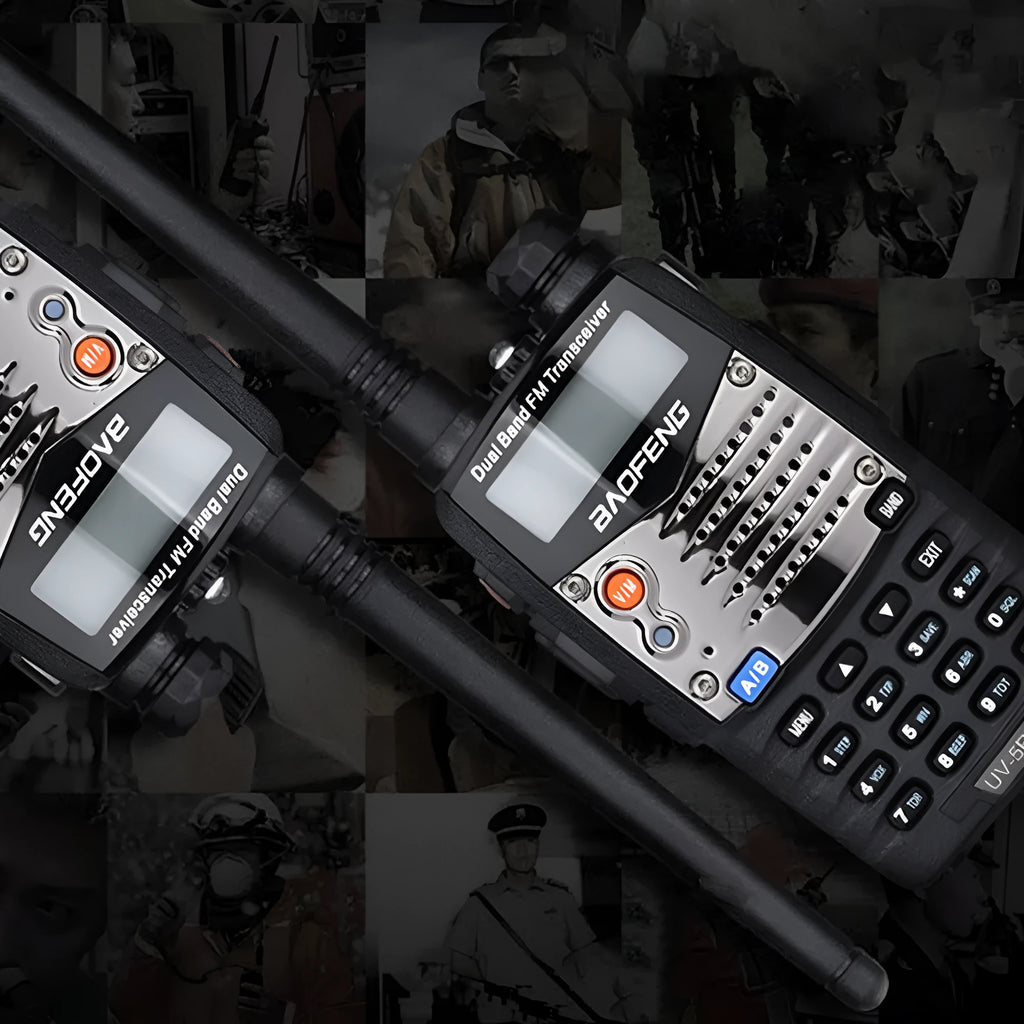 Baofeng UV-5RA black handheld dual-band two-way radio with dual display screen and antenna.