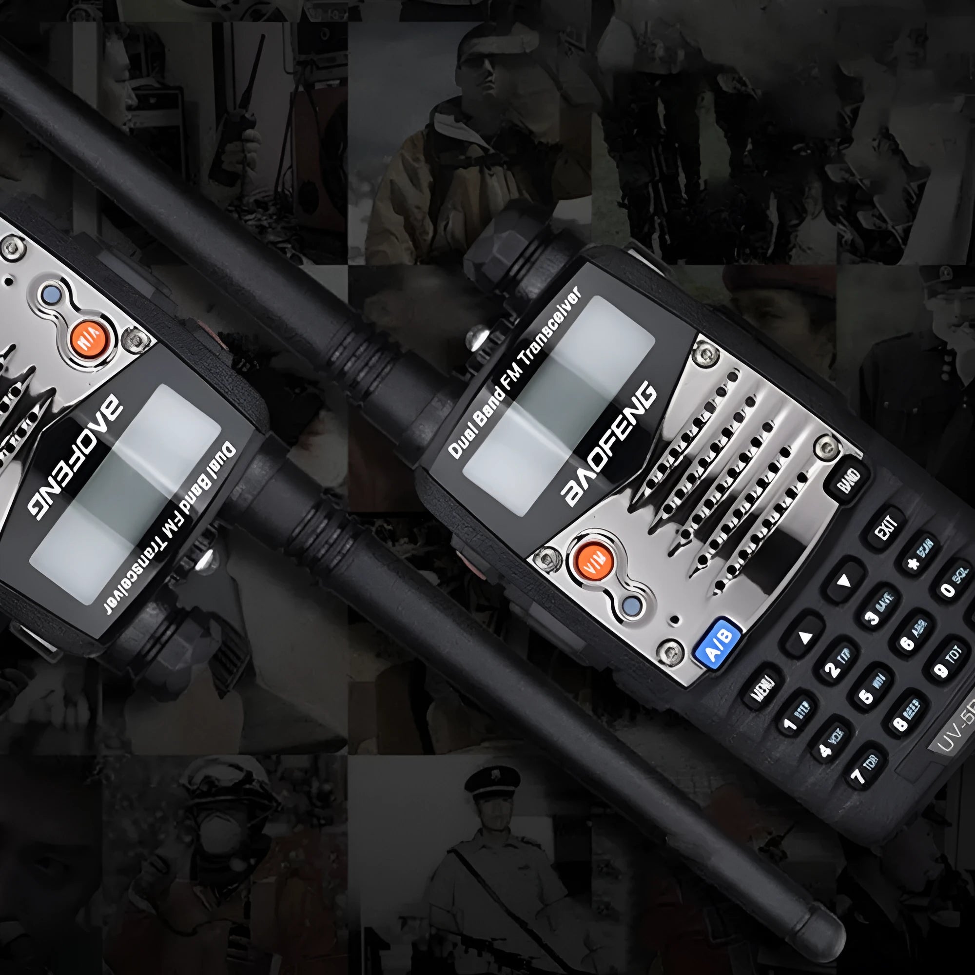 Baofeng UV-5RA black handheld dual-band two-way radio with dual display screen and antenna.