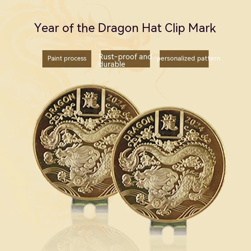 Zinc alloy golf hat clip with detailed Dragon Year metal craft pattern design