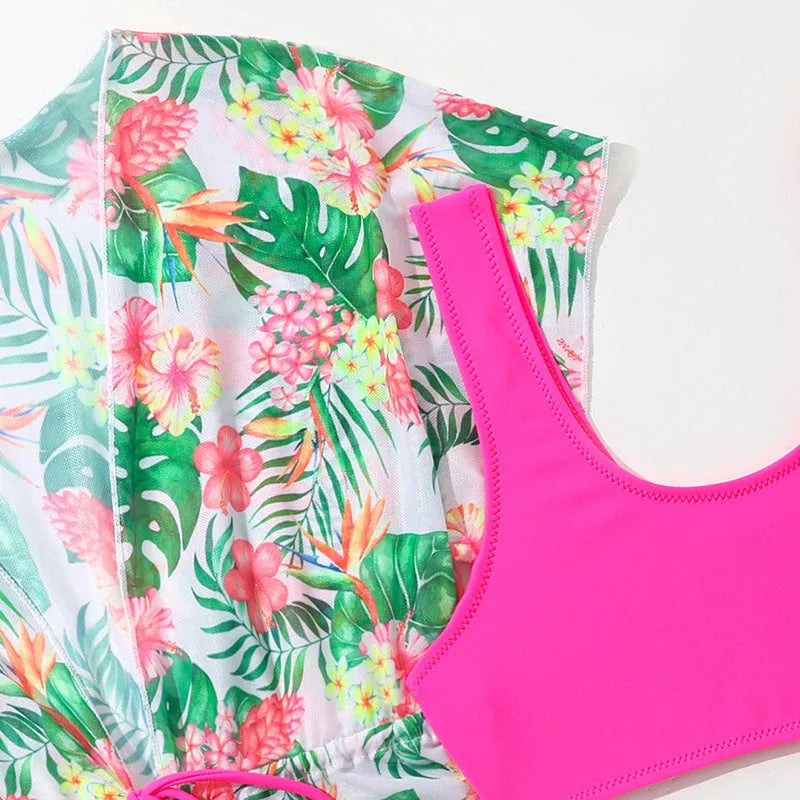 Girls' floral print two-piece swimsuit set with matching briefs for swimming