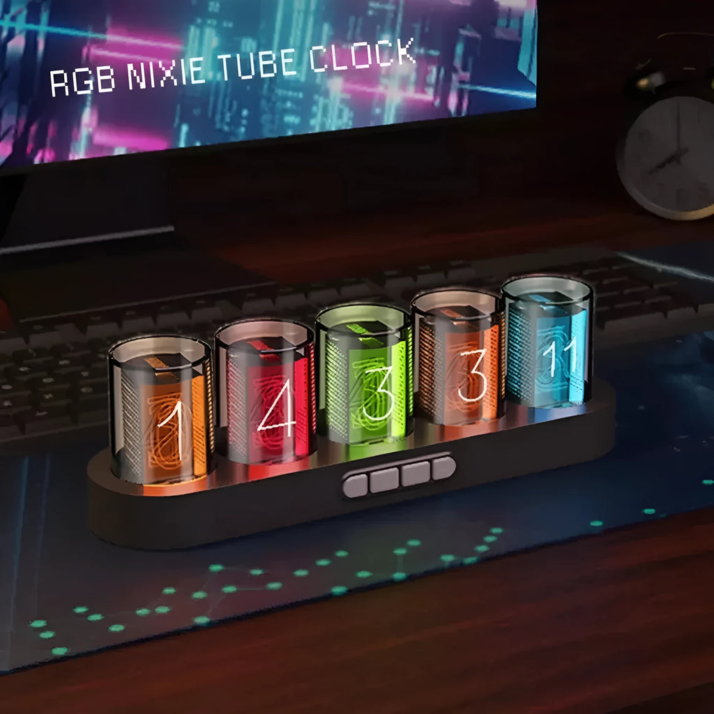 RGB LED digital tube clock showing colourful display with black plastic casing on wooden desk