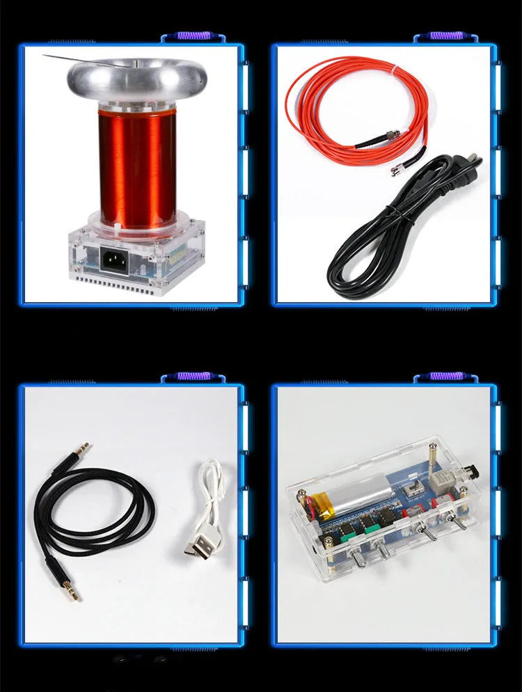 220V Tesla coil driver board with controller generating musical plasma arcs for demonstrations