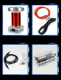 220V Tesla coil driver board with controller generating musical plasma arcs for demonstrations