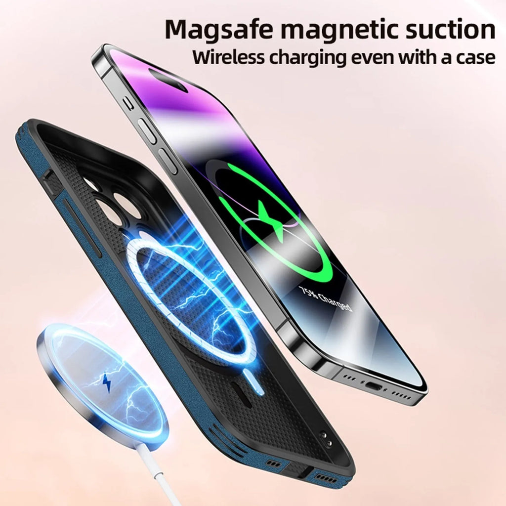 iPhone 16 magnetic charging case with embossed moose head design in imitation leather.