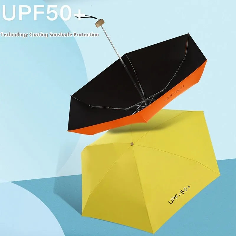 Flat folded mini pocket sun umbrella with alloy ribs and rubber handle, shown in multiple colour options.