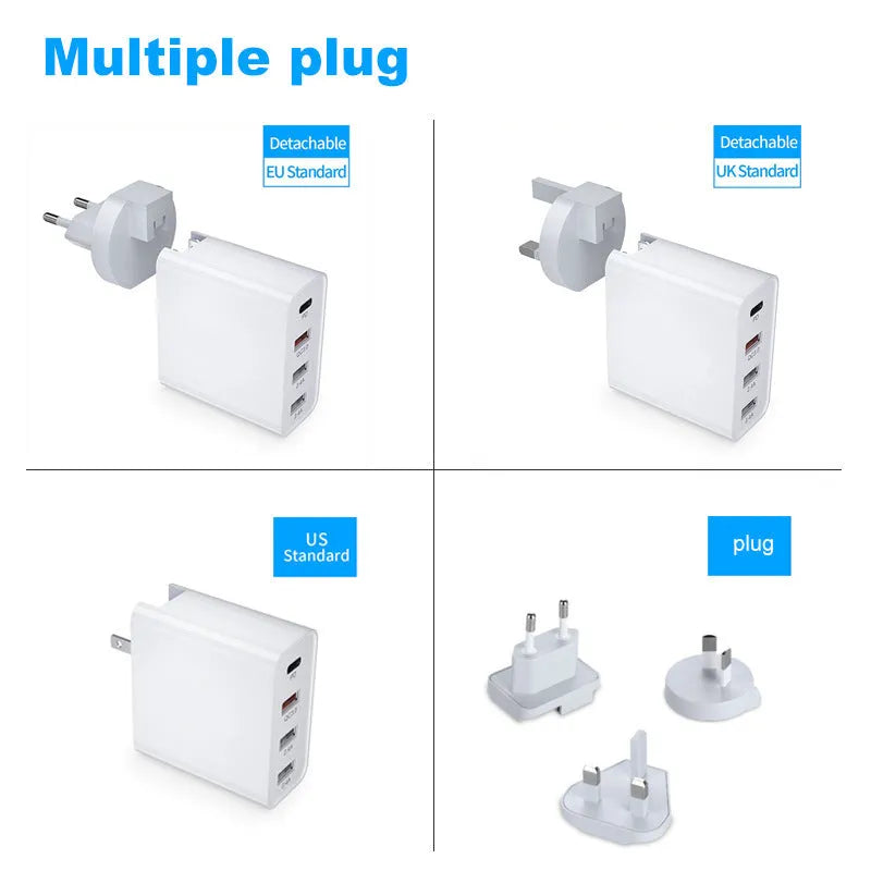 White multi-port fast charger with Power Delivery and Quick Charge support showing USB-C and USB-A ports