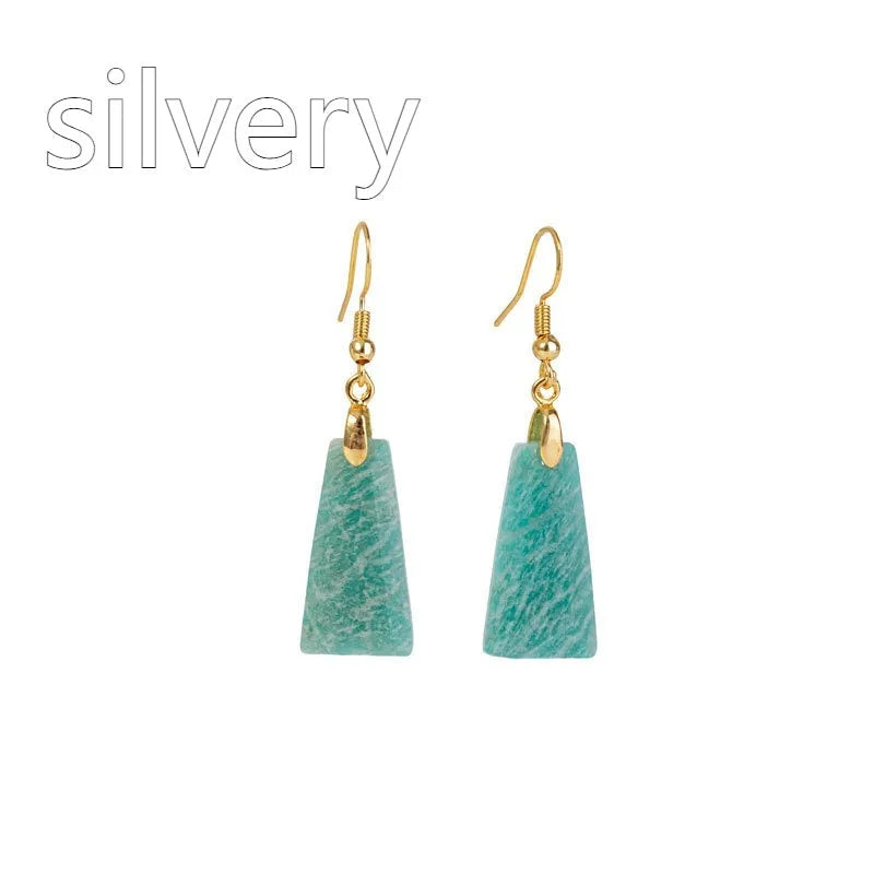 Amazonite trapezoid geometric earrings with rough stone cutting in gold tone setting