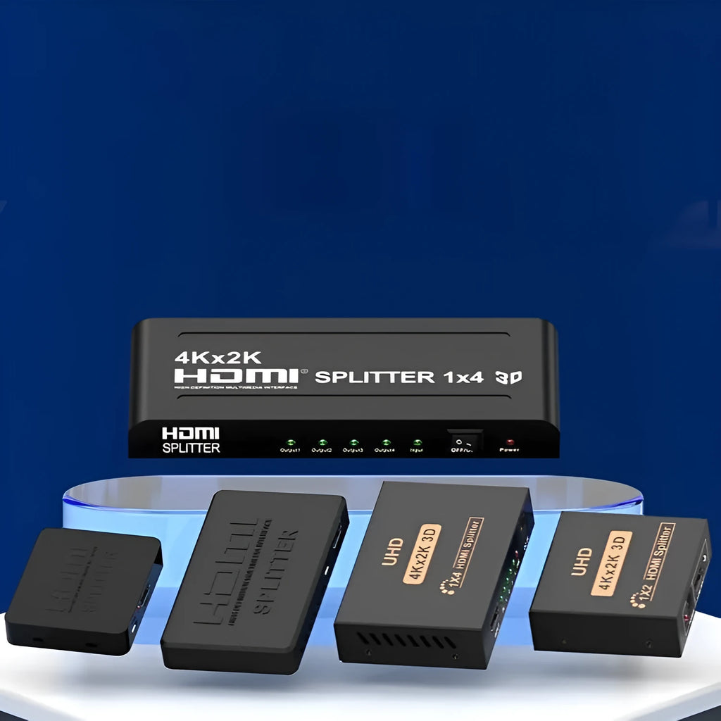 HDMI splitter distributing one 4K source to two outputs with USB power cable