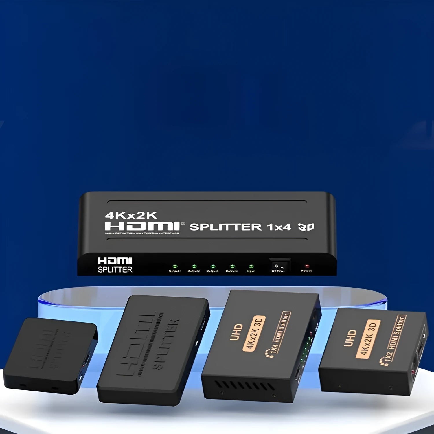 HDMI splitter distributing one 4K source to two outputs with USB power cable