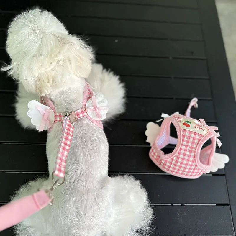 Pink and black cotton dog harness and lead set for small dogs with chest and back handle