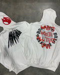 Black loose hooded cardigan with printed skull and letter pattern, long sleeves
