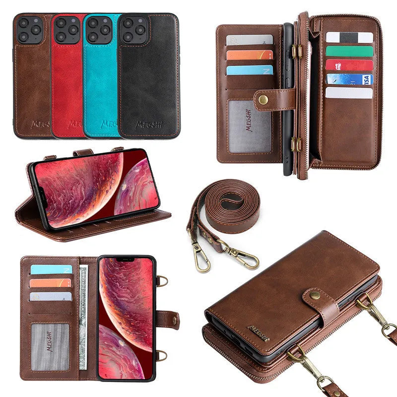 Black detachable wallet backpack phone case open, showing card slots and strong adsorption leather for a smartphone.