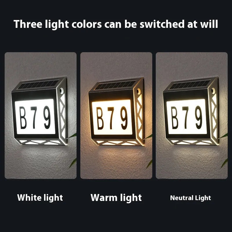 Solar-powered waterproof outdoor doorplate light with LED digital display in black finish