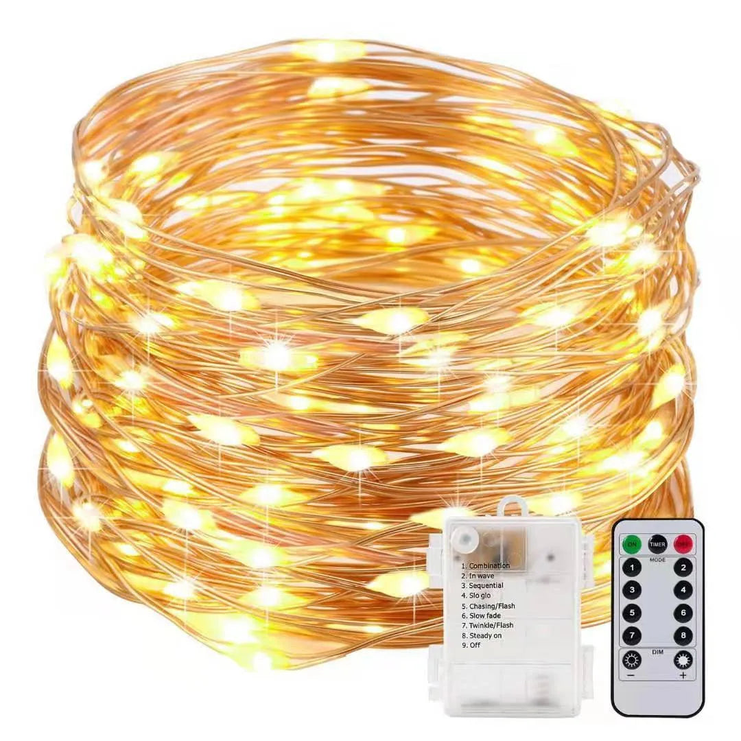 12-metre long copper wire LED string lights with 120 bulbs, shown in one of nine available colours.