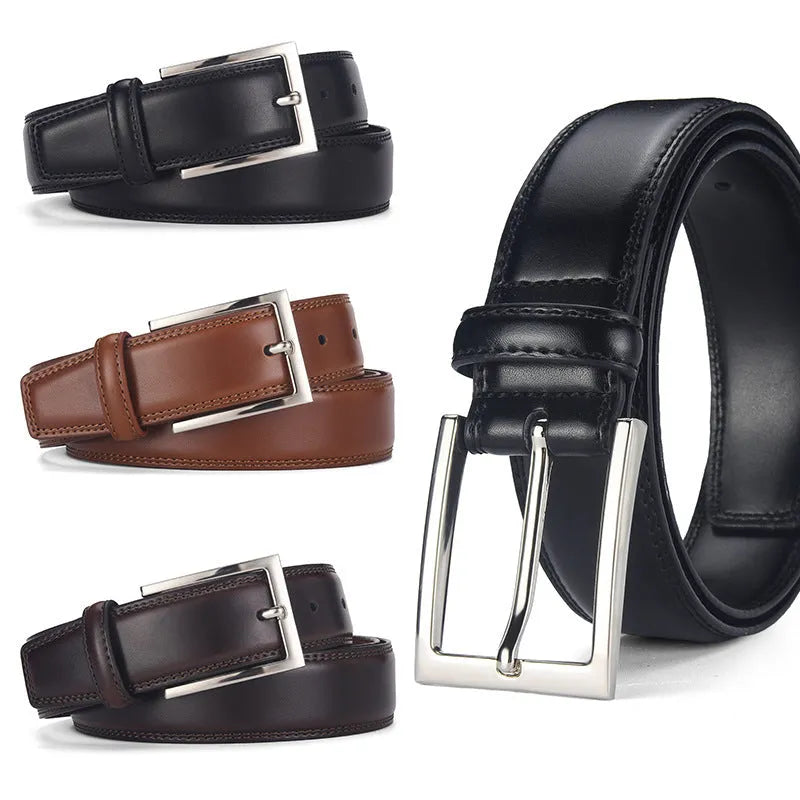 Men's black leather belt with a silver alloy pin buckle on a white background