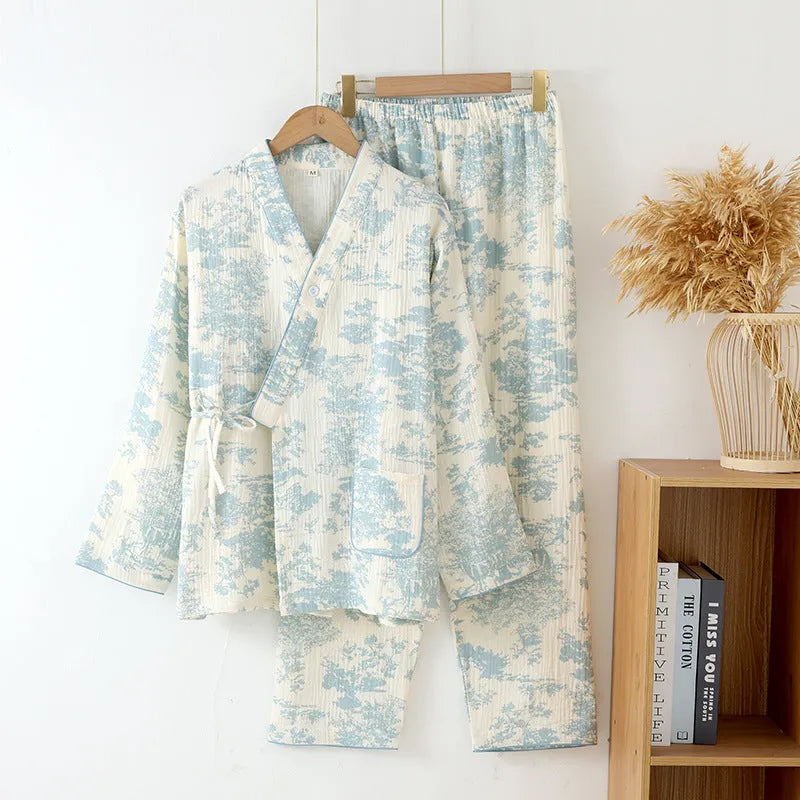 Women's pure cotton gauze two-piece suit with lace-up detailing in frosted pine trees colour