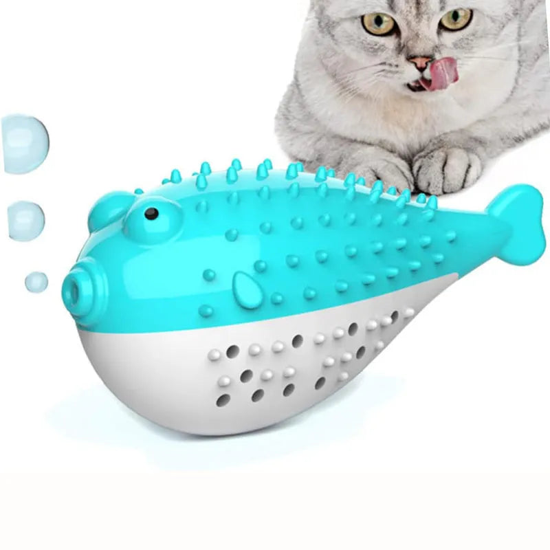 Silicone mint-scented fish shaped cat chew toy in blue green pink or yellow for dental cleaning