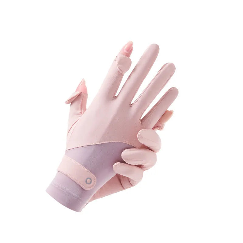 Women's thin ice silk sunscreen gloves showing UPF50+ protection and cooling fabric