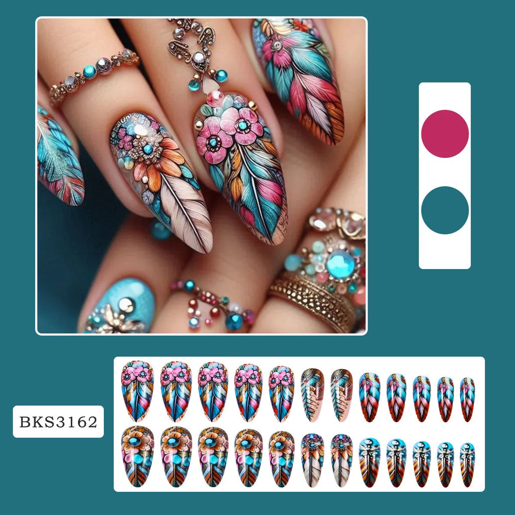 Retro colour feather nail art set with jelly glue burnishing stick and decorative patterns.