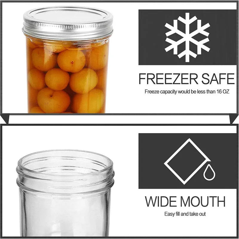16oz glossy transparent wide mouth glass jar with sealed lid, 6 pack on white surface