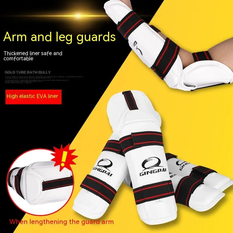 Taekwondo protective gear set showing arm guards, elbow arm guards, and leg protectors in PU EVA foam.