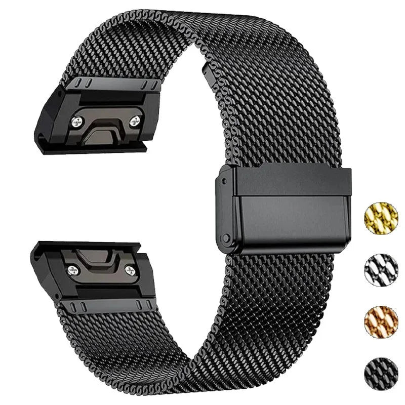 Stainless steel replacement watch strap for Garmin Fenix 7 and 6 models in silver, black, gold, or rose gold.