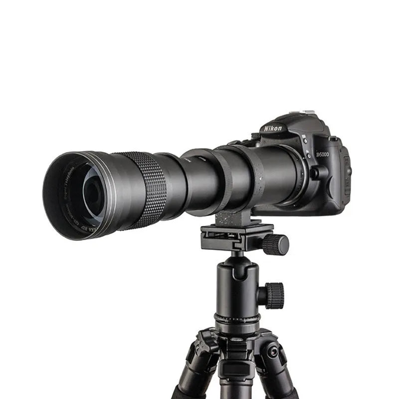 Manual 420-800mm zoom adapter lens with T-mount for full-frame cameras showing 67mm filter thread