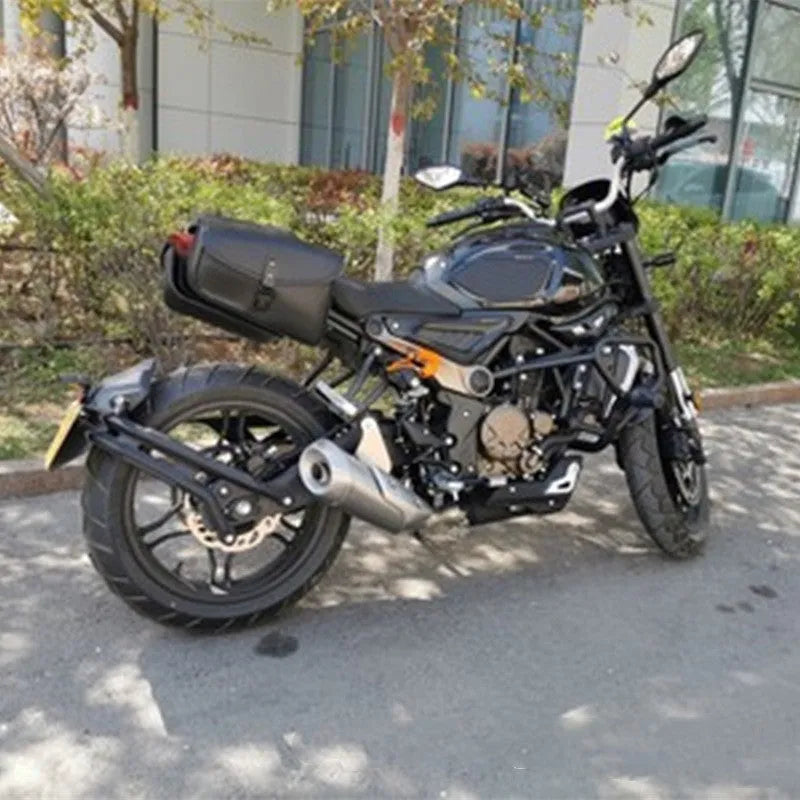 Black PU leather motorcycle swingarm saddlebag for Sportster models showing mounting position
