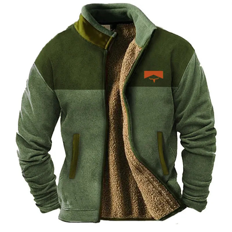 Men's green polyester fleece padded coat with a regular cut on a size chart showing S to 5XL.