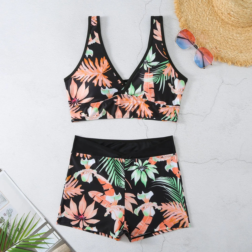 Women's two-piece swimsuit with printed boxer shorts in multi-colour pattern