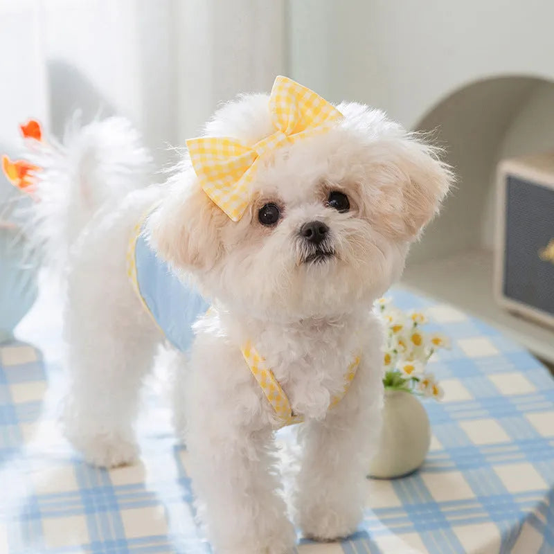 Small dog vest with heart texture and bow suspenders in elastic fabric for dogs 0.50kg to 10.00kg