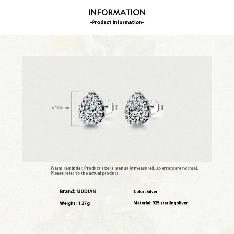 Silver water drop ear studs with geometric shape and diamond-cut surface