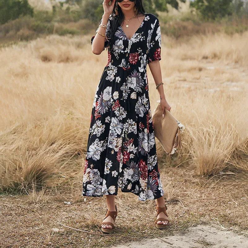 Women's floral V-neck summer dress with elastic waist and large hemline skirt in yellow colour