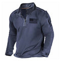 Men's dark coloured zip-up stand collar long sleeve sweater on a white background