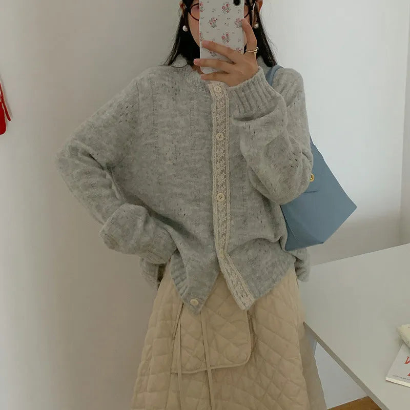 Korean-style loose knitwear cardigan in viscose fibre available in apricot, green, pink, and light grey colours