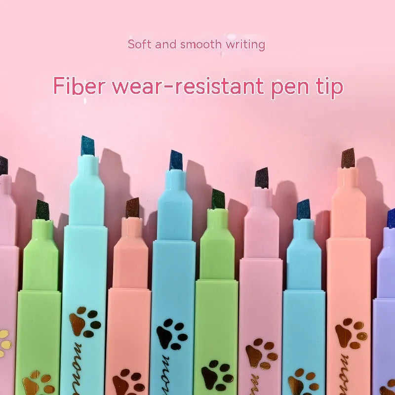 Cat's Paw fluorescent marking pen set showing six coloured pens with oblique nibs in a gift box.