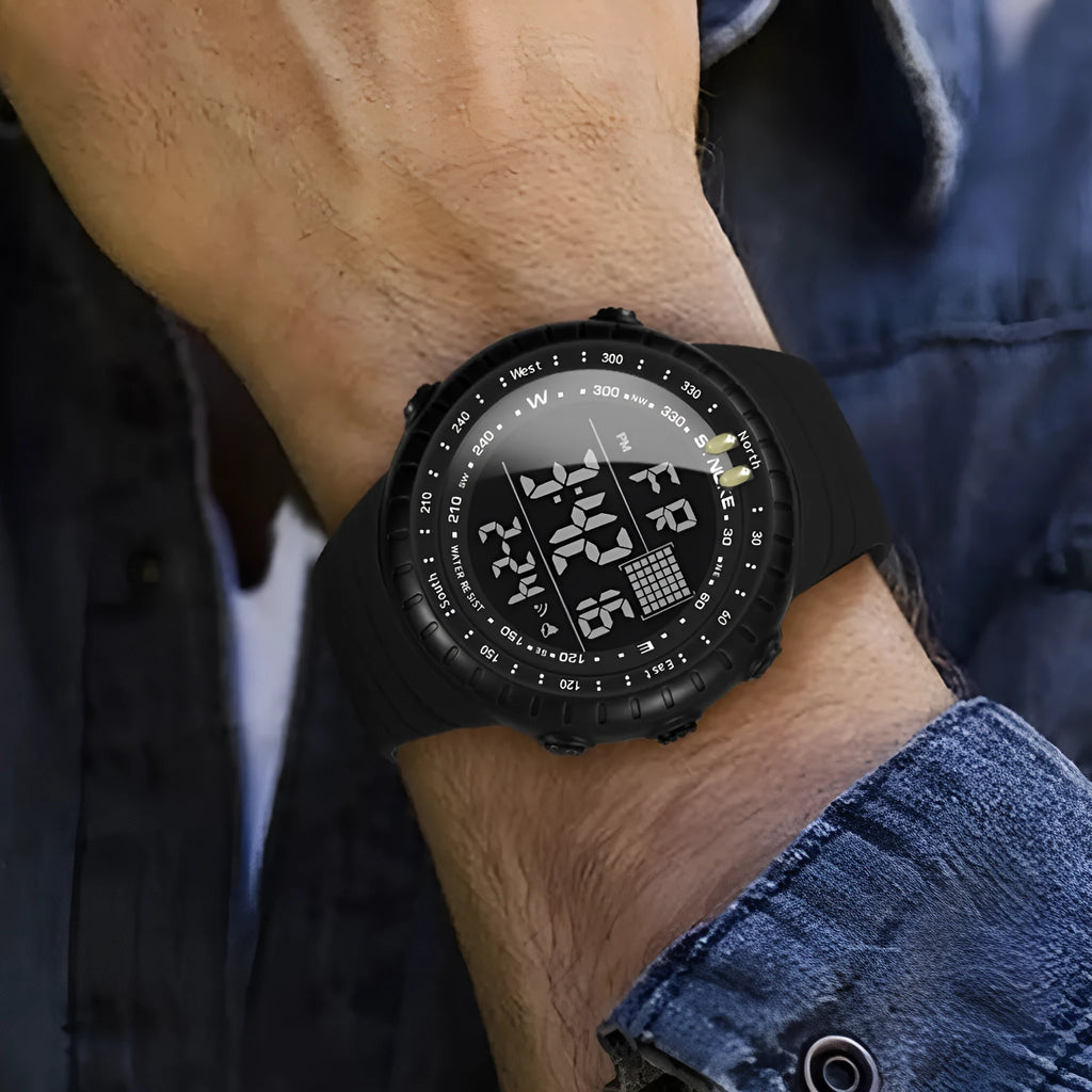 Men's black waterproof electronic watch with plastic case and adjustable PU strap