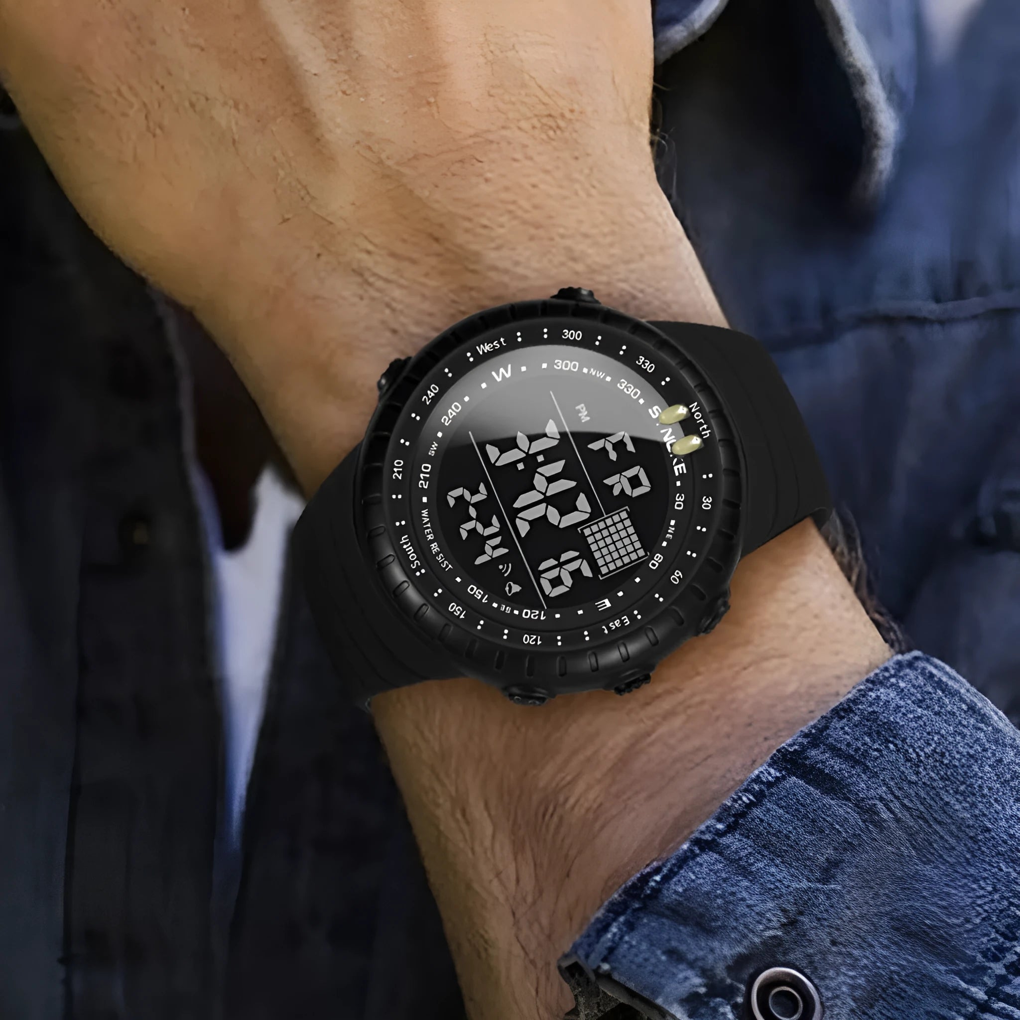 Men's black waterproof electronic watch with plastic case and adjustable PU strap