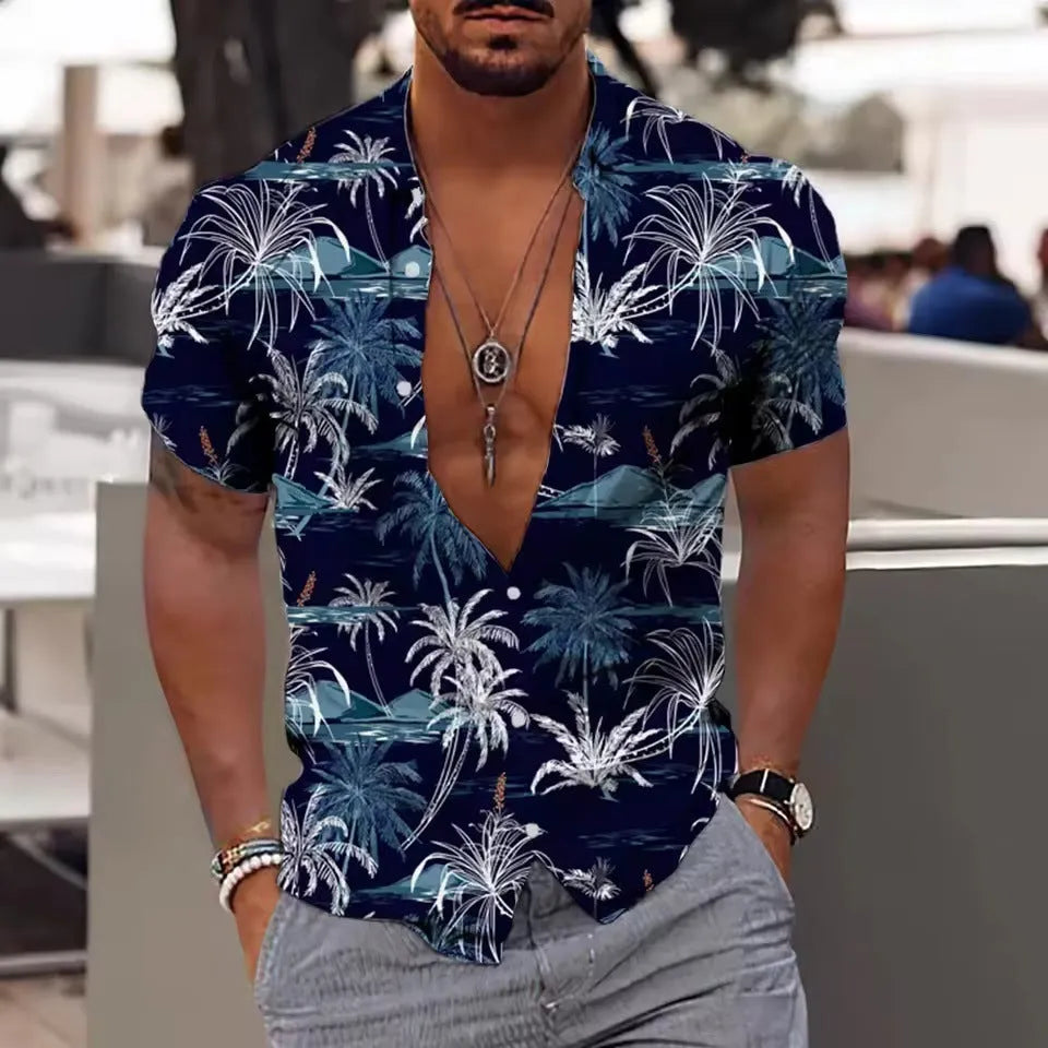 Men's loose fit floral print beach shirt in polyester, short sleeves, cardigan style.
