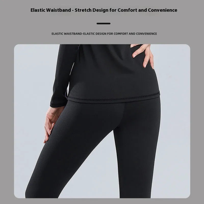 Skiing quick-dry base layer set top and trousers in black, front view on model