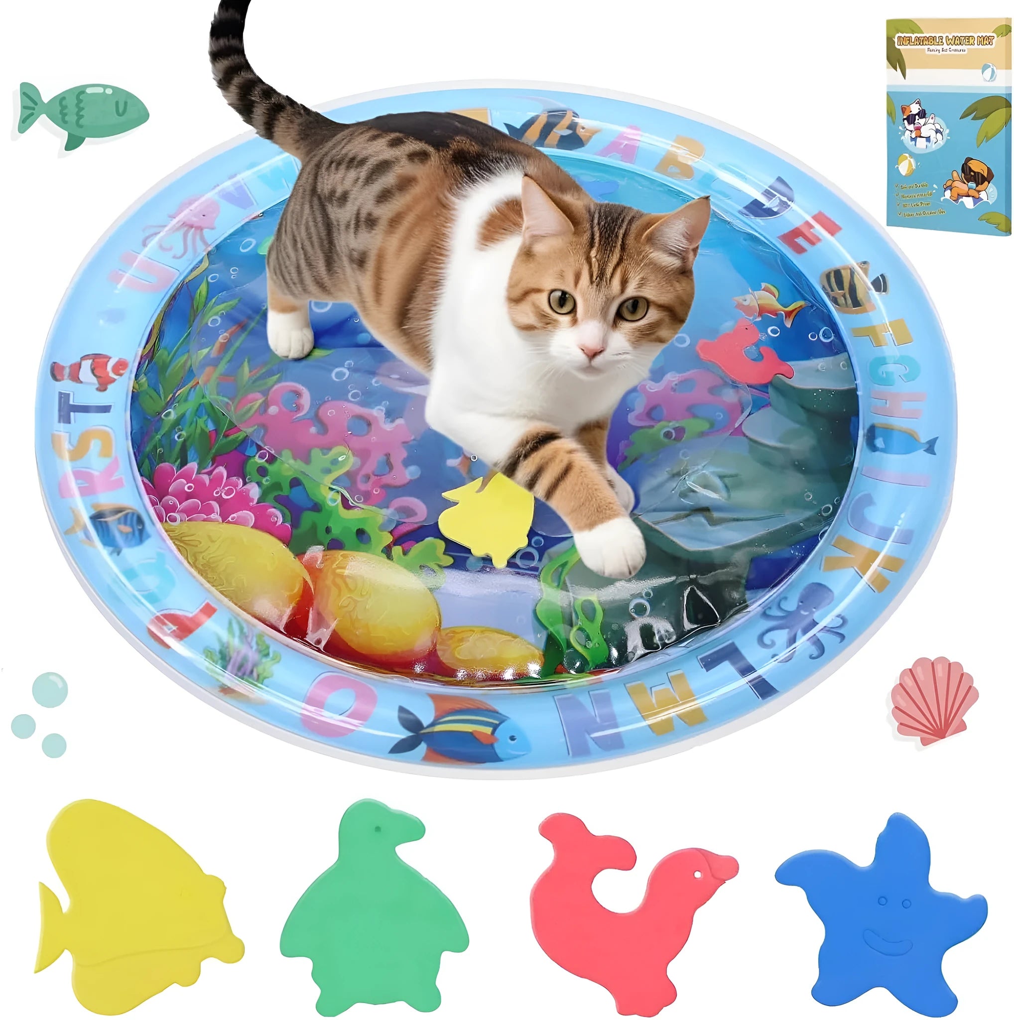 Thickened PVC water sensory playmat for cats and dogs with floating fish toys on a blue background
