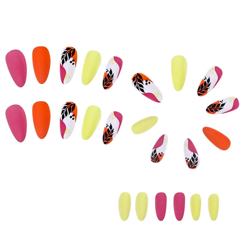 Wear Armour frosted finish almond nail stickers set showing four designs: French leaves, colourful plating, star macaron, and leopard print.