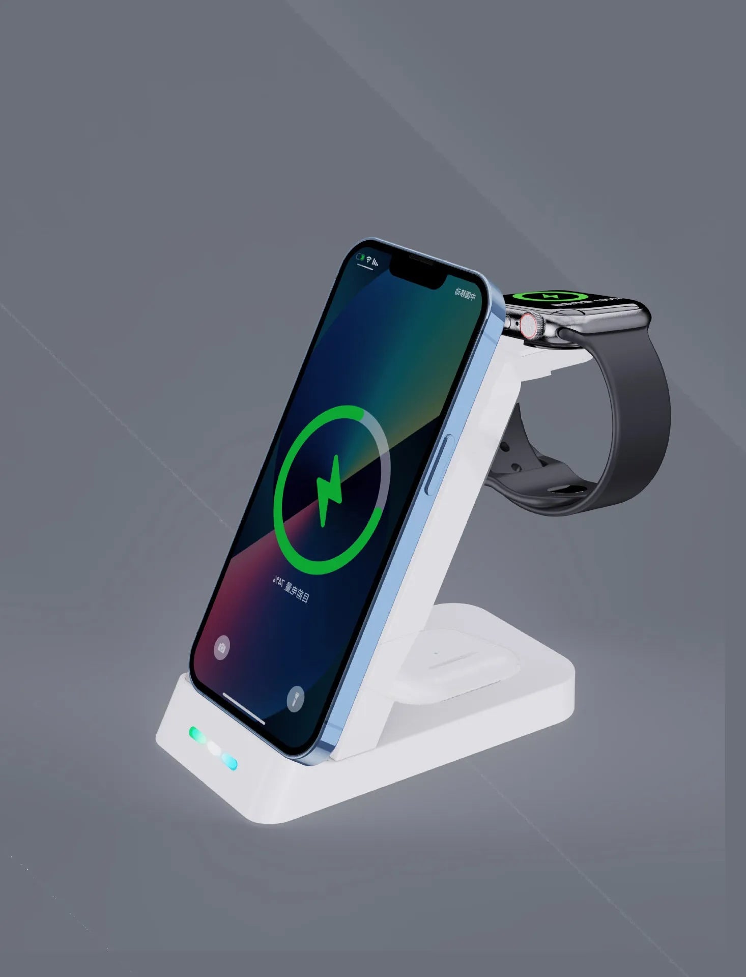 Black and white 65W three-in-one wireless charging dock for iPhone, Samsung, AirPods, and iWatch on a desk.