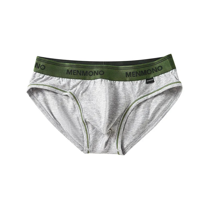 Men's low waist cotton briefs in a grey and red colour-block pattern.
