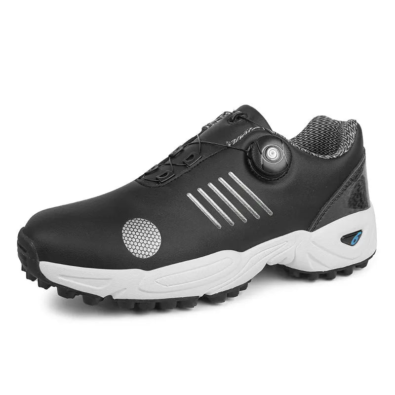 Men's rotating shoelace golf shoes, low-top design, black color, rubber sole, breathable mesh upper